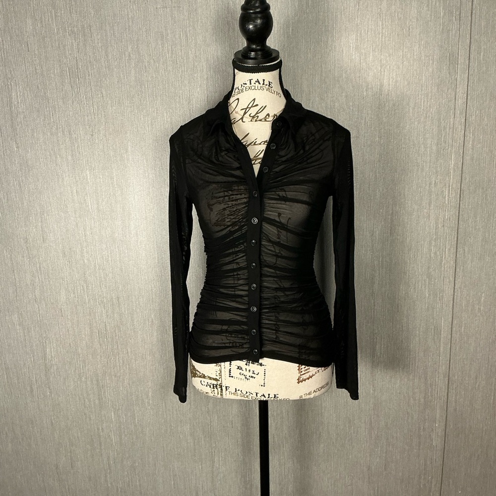 Express Sheer Black Ruched Button-Front Women's Top Size XS - Picture 11 of 12